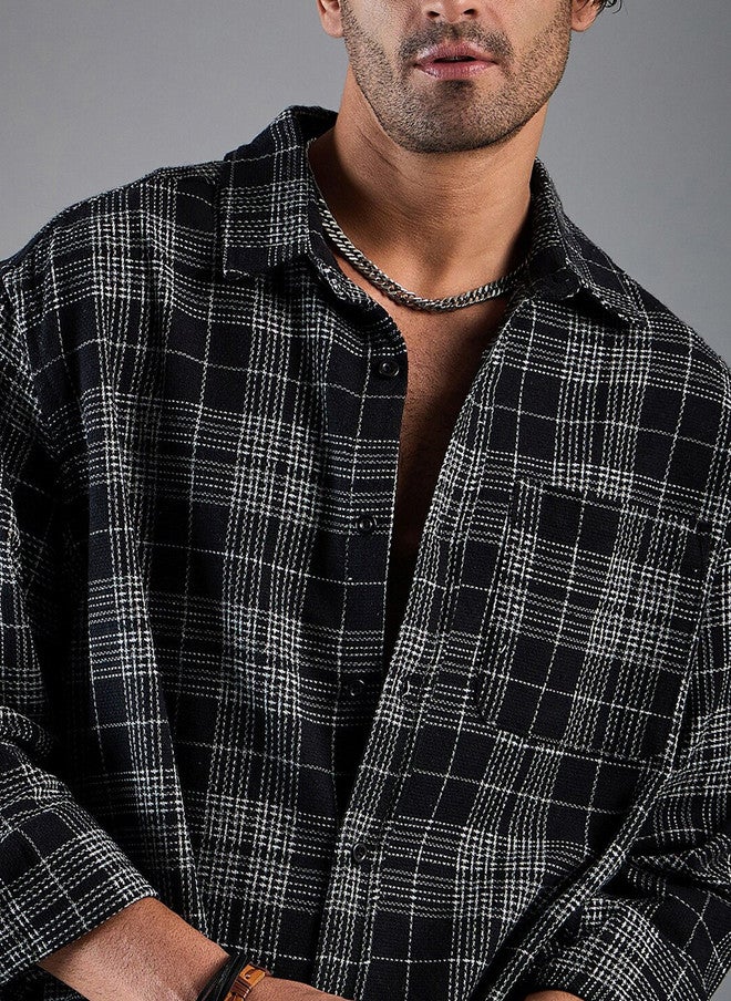 CHIMPAAANZEE Oversized Tartan Checked Spread Collar Casual Shirt - Image 2